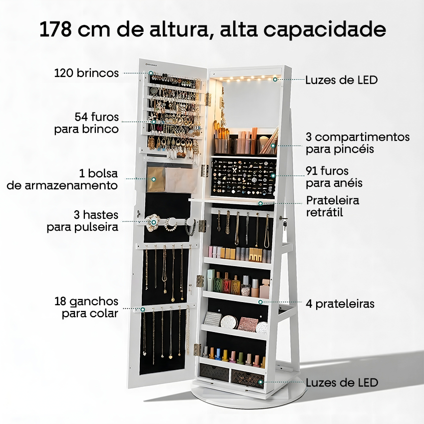 Espelho 360° 3 em 1 Penteadeira & Porta Joias e Bolsas
